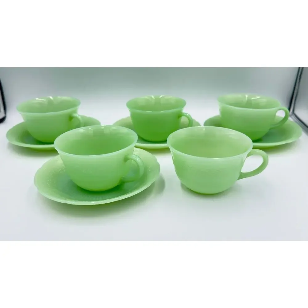Anchor Hocking Fire King ALICE Jadeite Coffee Tea Cup & Saucer 9pc Lot